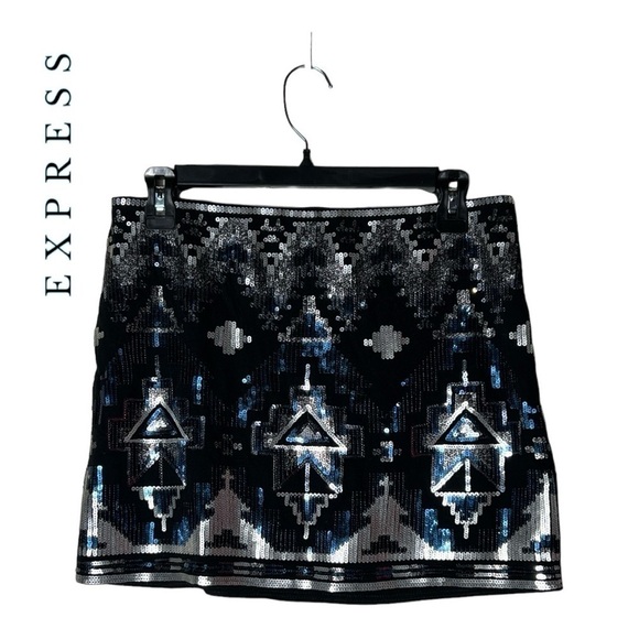 1807. EXPRESS ALL SEQUINS MINI LENGTH SKIRT BLACK/SILVER/BLUE IN COLOR SIZE SM - Picture 2 of 8